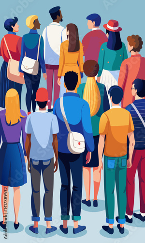 Back view of diverse crowd in casual clothing walking in the city street. Group of people in different outfits enjoying a sunny day, seen from behind