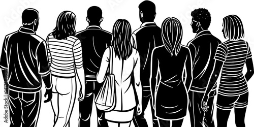 Vista trasera de una multitud diversa con ropa informal caminando por una calle de la ciudad. Grupo de personas con diferentes atuendos disfrutando de un día soleado, visto desde atrás.