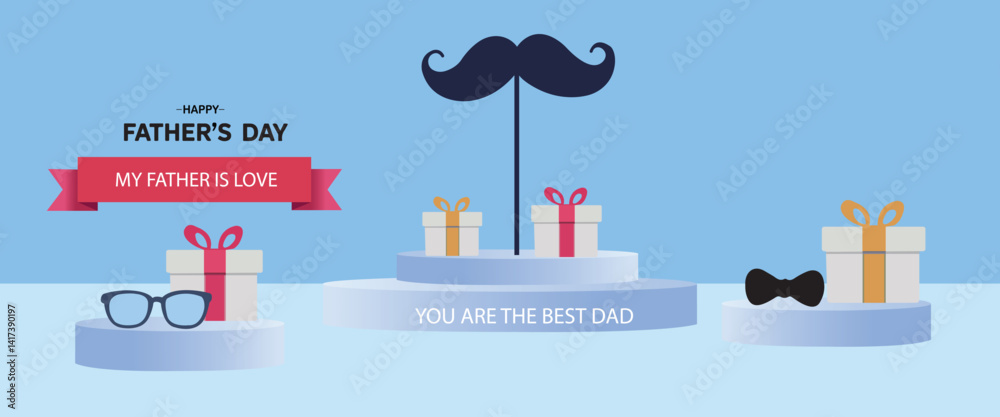 Naklejka premium Father's Day Gift Celebration Illustration,Creative Father's Day Gifts Display,Father's Day Mustache and Gifts,Happy Father's Day with Gifts.