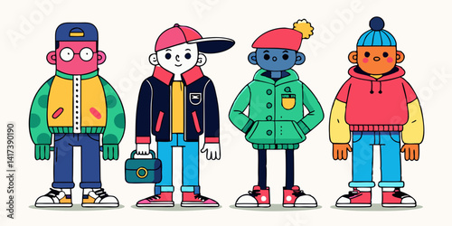 Personajes de dibujos animados de streetwear con chaquetas, bolsos y zapatillas a la moda, representados en diversas poses. Jóvenes personajes lucen estilos de moda urbana, con zapatillas y accesorios