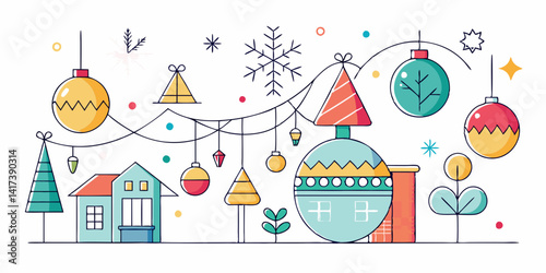 Winter holiday decorations featuring snowflakes, garlands, and ornaments in festive vector illustrations. Create a joyful holiday ambiance with seasonal decor designs