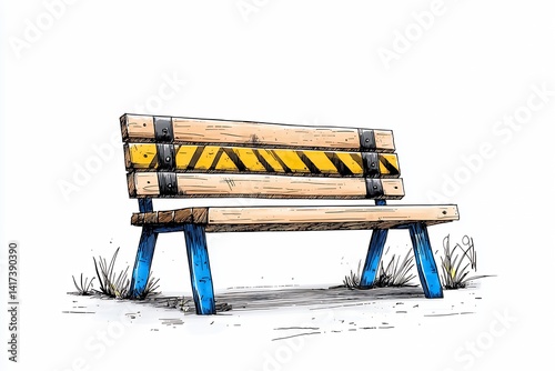 Hand Drawn Wooden Park Bench with Caution Tape