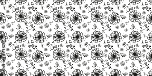 Elegant hand-drawn black and white flower pattern. Ideal for adult coloring pages and decorative backgrounds