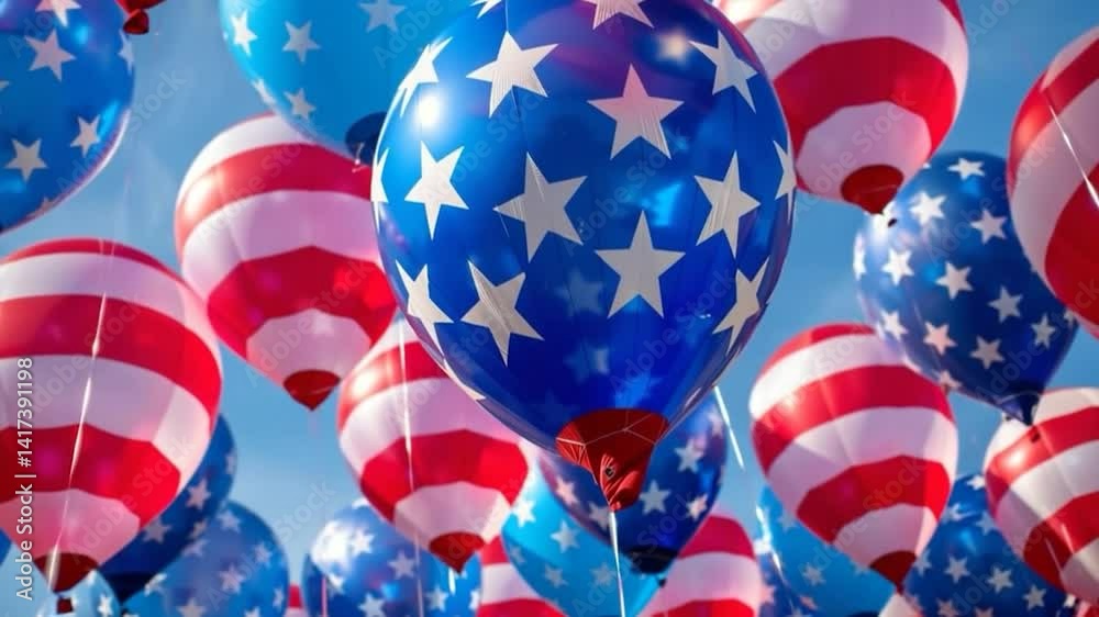 A vibrant display of patriotic balloons, filled with the colors of the American flag, rising high.