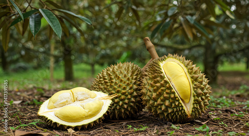 Durian on ground with durian plantation as background, king of fruits in Malaysia