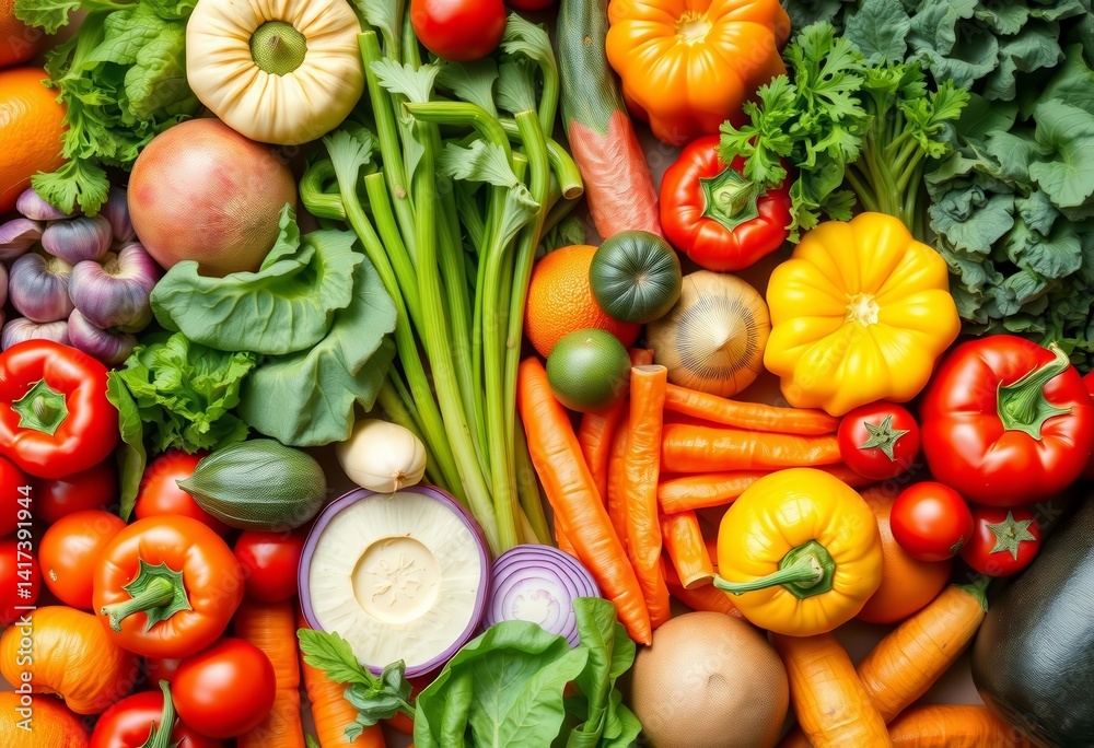 Vibrant colorful array of fresh vegetables, fruits & superfoods, nutritious, whole foods Vibrant colorful array of fresh vegetables, fruits & superfoods, nutritious, whole foods