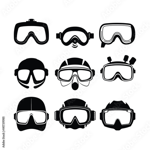 Silhouettes Set of a Diving Mask, Ocean
