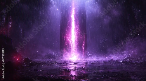 Purple lightning pillar erupts in a subterranean cave.