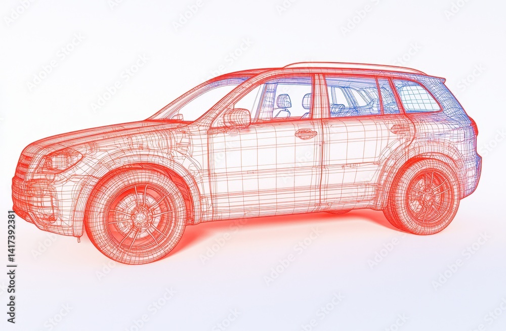Fototapeta premium Detailed Wireframe Rendering of a Modern SUV in 3D Design Style