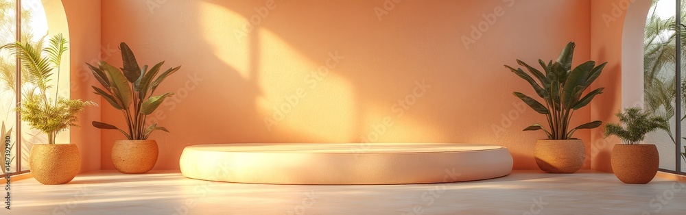 Soft Orange Minimalist Interior with Clean Lines and Plants Soft Orange Minimalist Interior with Clean Lines and Plants
