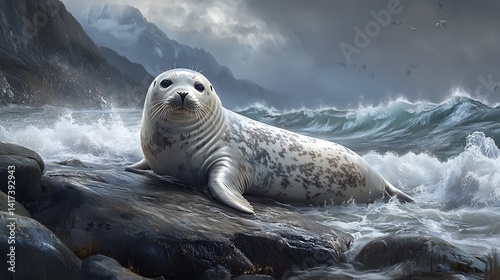 A seal lying on a rocky beach with crashing waves photo