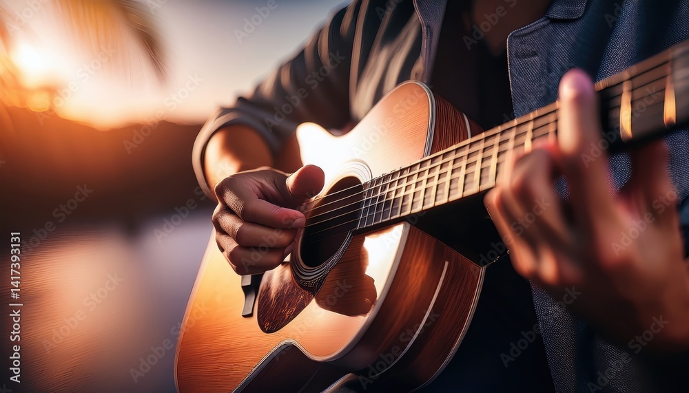 Fototapeta premium Sunset Acoustic Guitarist: A close-up shot of a person's hands delicately playing an acoustic guitar during a vibrant sunset.