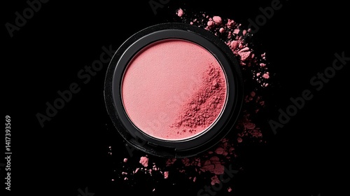 Powder blush flying from brush against black background. 