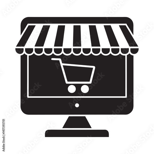 Online Storefront on Computer Screen Icon, Online shopping concept, silhouette, vector