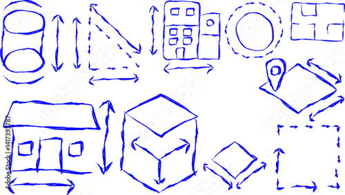 Area dimension related doodle icon set. Including square dimension, square meter, plot location, house dimension, house plan, circle circumference, building dimension icons.