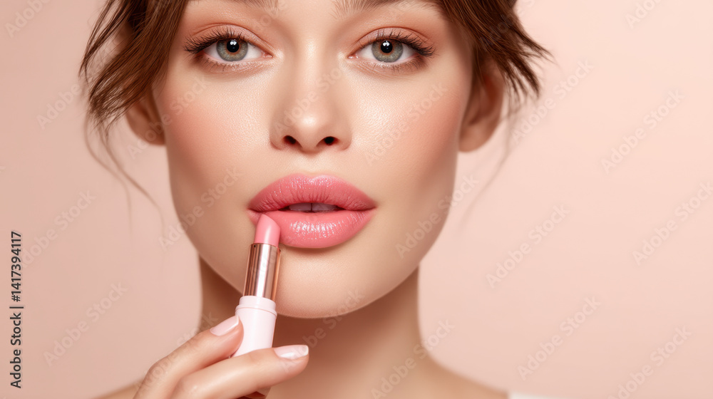 Close up of a young woman applying lipstick in a soft, neutral background, showing beauty routine Close up of a young woman applying lipstick in a soft, neutral background, showing beauty routine