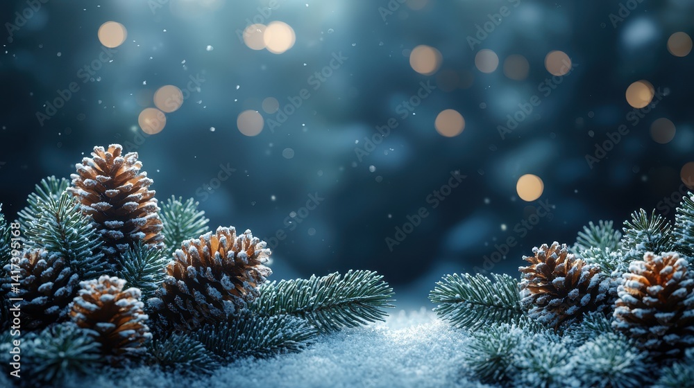 Snow-covered pinecones and evergreen branches in a winter wonderland with soft bokeh lights Snow-covered pinecones and evergreen branches in a winter wonderland with soft bokeh lights