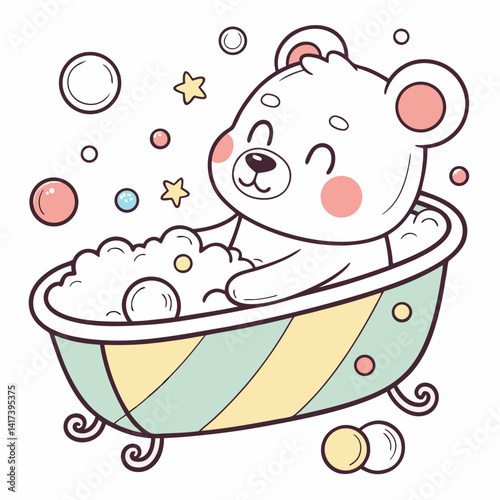 Vector cartoon cute polar bear bathing in bathtub filled with foam