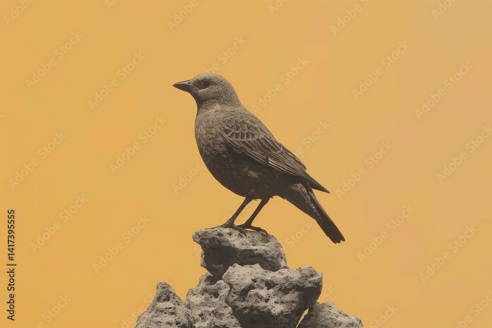 Fototapeta premium Gray bird perches atop textured, muted rocks.