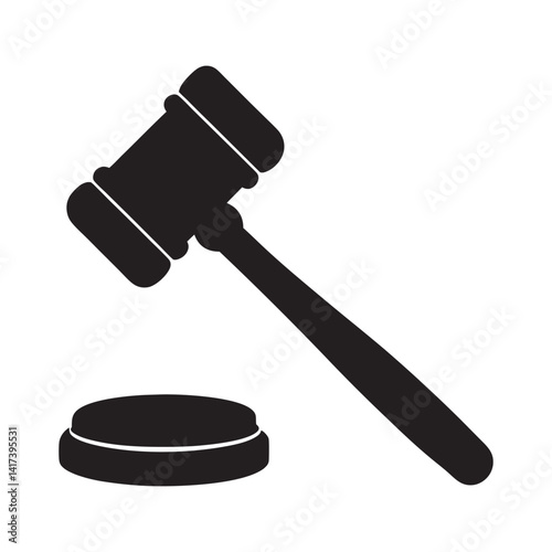  Judge's Gavel and Sound Block Icon, Black and white silhouette of a judge's gavel hitting a sound block with dynamic lines symbolizing justice, law, or auctions