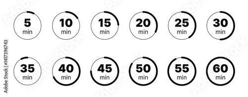 Timer, clock, and stopwatch icon set. Includes countdown timers, alarm clocks, and cooking time labels. Ideal for productivity apps, scheduling, time tracking, and kitchen use visuals.