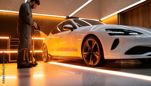 Car detailer applying ceramic coating on white electric car