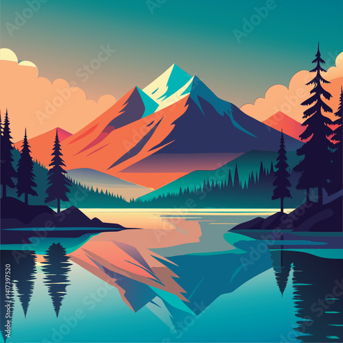 Serene mountain lake at dawn.