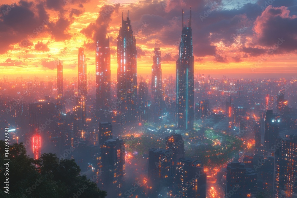 Obraz premium Futuristic city skyline at sunset (1)