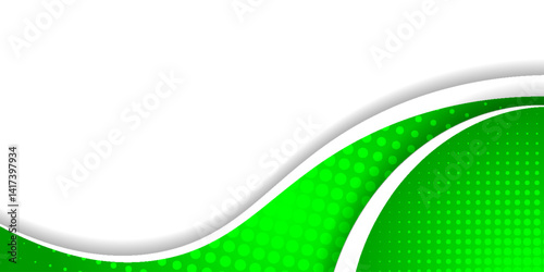 Modern green vector background with curved white lines and dotted halftone pattern, creating a vibrant and fresh design suitable for eco or tech themes.