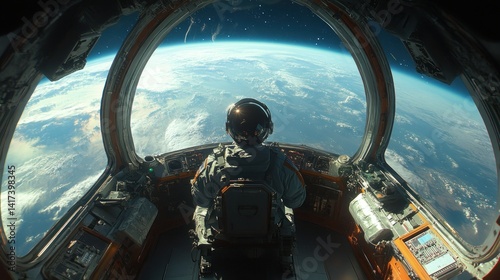 Fototapeta Naklejka Na Ścianę i Meble -  Astronaut in spaceship cockpit overlooking Earth