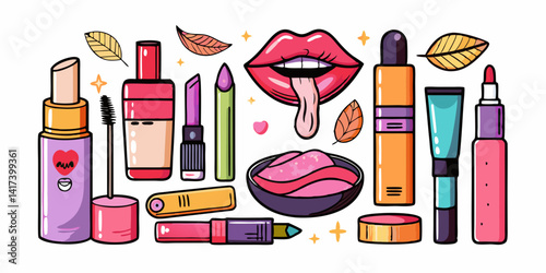 Colorful lip makeup collection, featuring various lipsticks, glosses, and liners with detailed textures and vibrant colors. Perfect for beauty enthusiasts seeking makeup inspiration and cosmetic essen