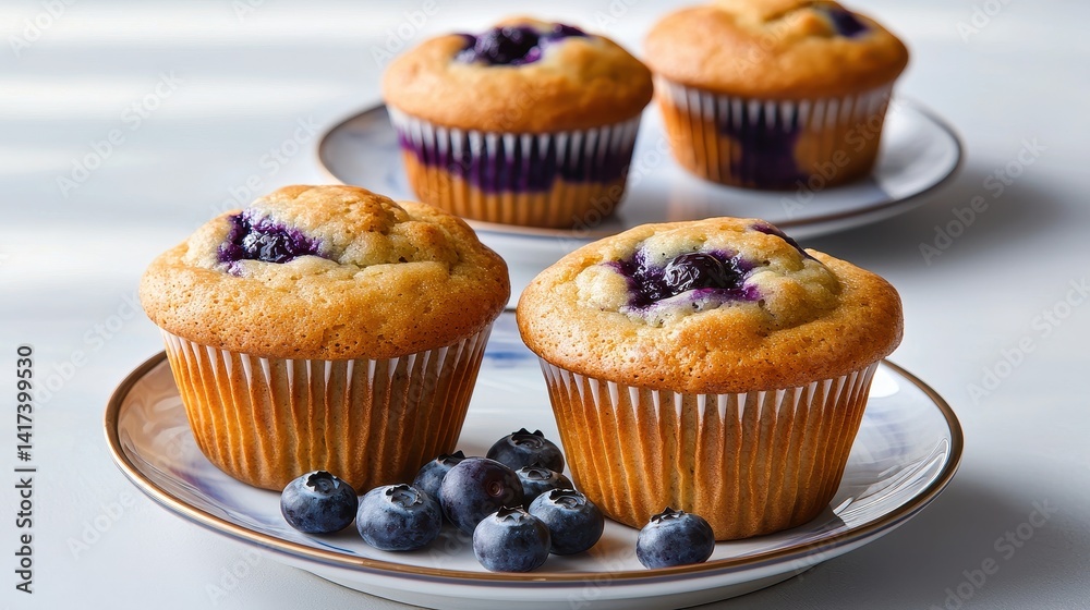 An elegant tea setup with blueberry muffins on a porcelain plate gentle pastel colors bright natural light eye-level shot An elegant tea setup with blueberry muffins on a porcelain plate gentle pastel colors bright natural light eye-level shot