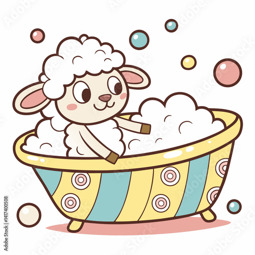 Vector cartoon cute sheep bathing in bathtub filled with foam