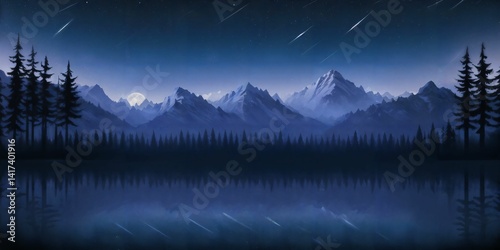 Serene blue lake at night with distant mountains under a starry sky. Peaceful and minimal landscape perfect for calming visuals, backgrounds, or nature-themed art.