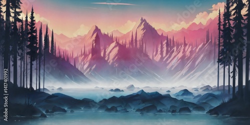 Pink and purple mountain peaks reflected in a calm lake, creating a serene and tranquil atmosphere. A peaceful digital illustration highlighting the soft beauty of nature's quiet moments.