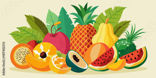 Colorful tropical fruit collection with vibrant pineapple, papaya, and mango