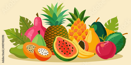 Colorful tropical fruit collection with vibrant pineapple, papaya, and mango