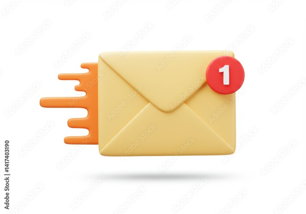 Stylized envelope with notification and motion trails isolated on white background