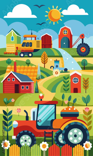 Cheerful cartoon tractor and plow working together on vibrant farm field. Colorful harvester with smiling face collecting crops in bright sunny rural landscape.

