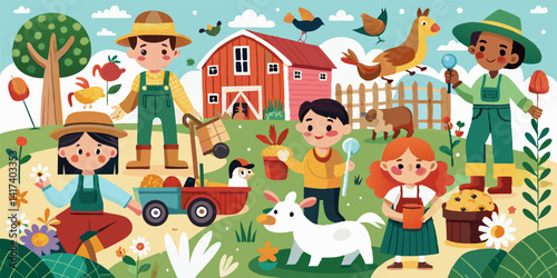 Charming cartoon farm life with kids gardening, playing with animals, and joining festive farmyard celebrations under clear sky.

