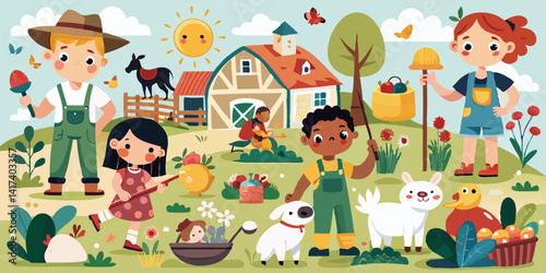 Charming cartoon farm life with kids gardening, playing with animals, and joining festive farmyard celebrations under clear sky.

