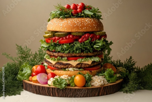 Hamburger on wood plate with all fresh Ingredients.