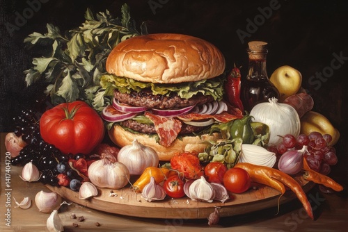 Hamburger on wood plate with all fresh Ingredients.