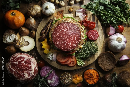 Hamburger on wood plate with all fresh Ingredients.