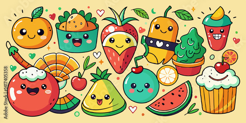 Smiling food characters with cute faces and funny expressions. Playful fruits, vegetables, and snacks with happy personalities, kawaii cartoon emotions, friendly and fun meal items for kids.

