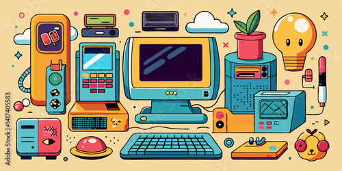 Retro desktop with vintage monitor and keyboard in quirky style. Fun cartoon vector design featuring classic technology and old computers.

