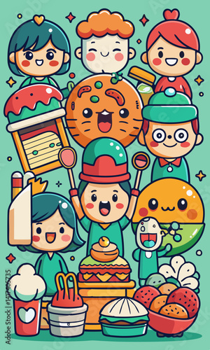 Cartoon characters eating sushi, burgers, and pastries at cozy food court.