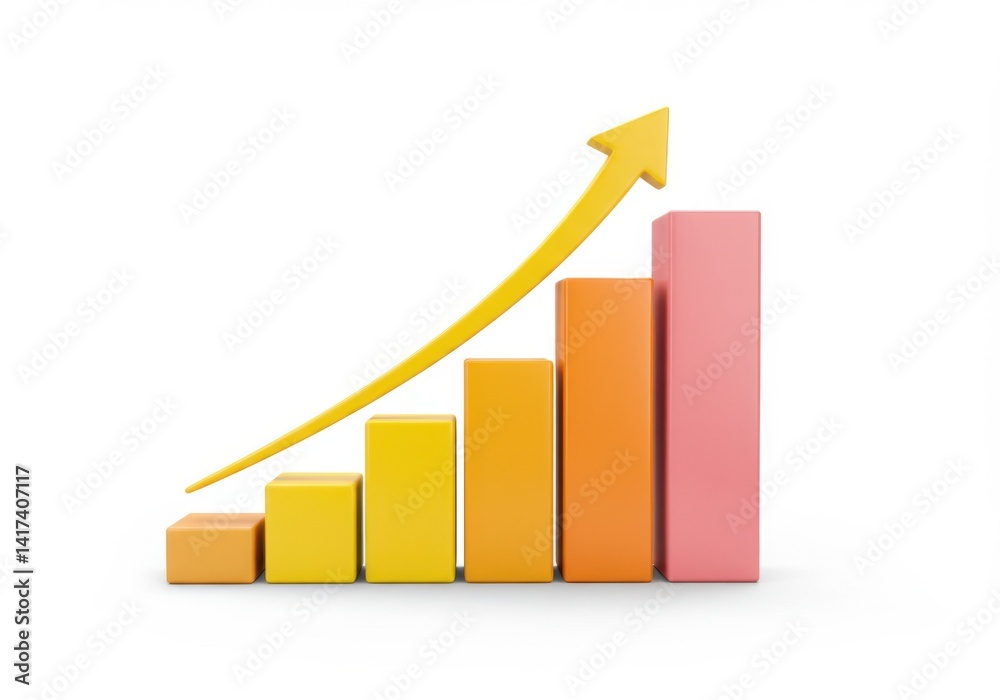 Ascending bar graph with yellow arrow isolated on white background Ascending bar graph with yellow arrow isolated on white background