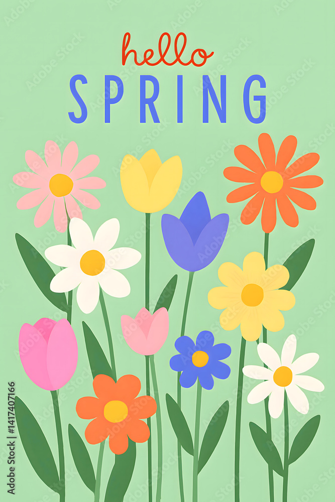 Obraz premium Fresh Hello Spring Greeting Card with Colorful Flowers