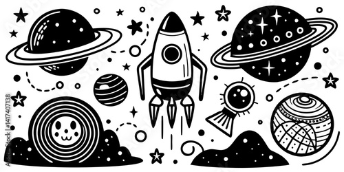 宇宙空間を彩るロケット、惑星、そして宇宙の要素を集めたコレクション。宇宙の要素を描いたベクターアートは、教育、科学、宇宙をテーマにしたプロジェクトに最適です。